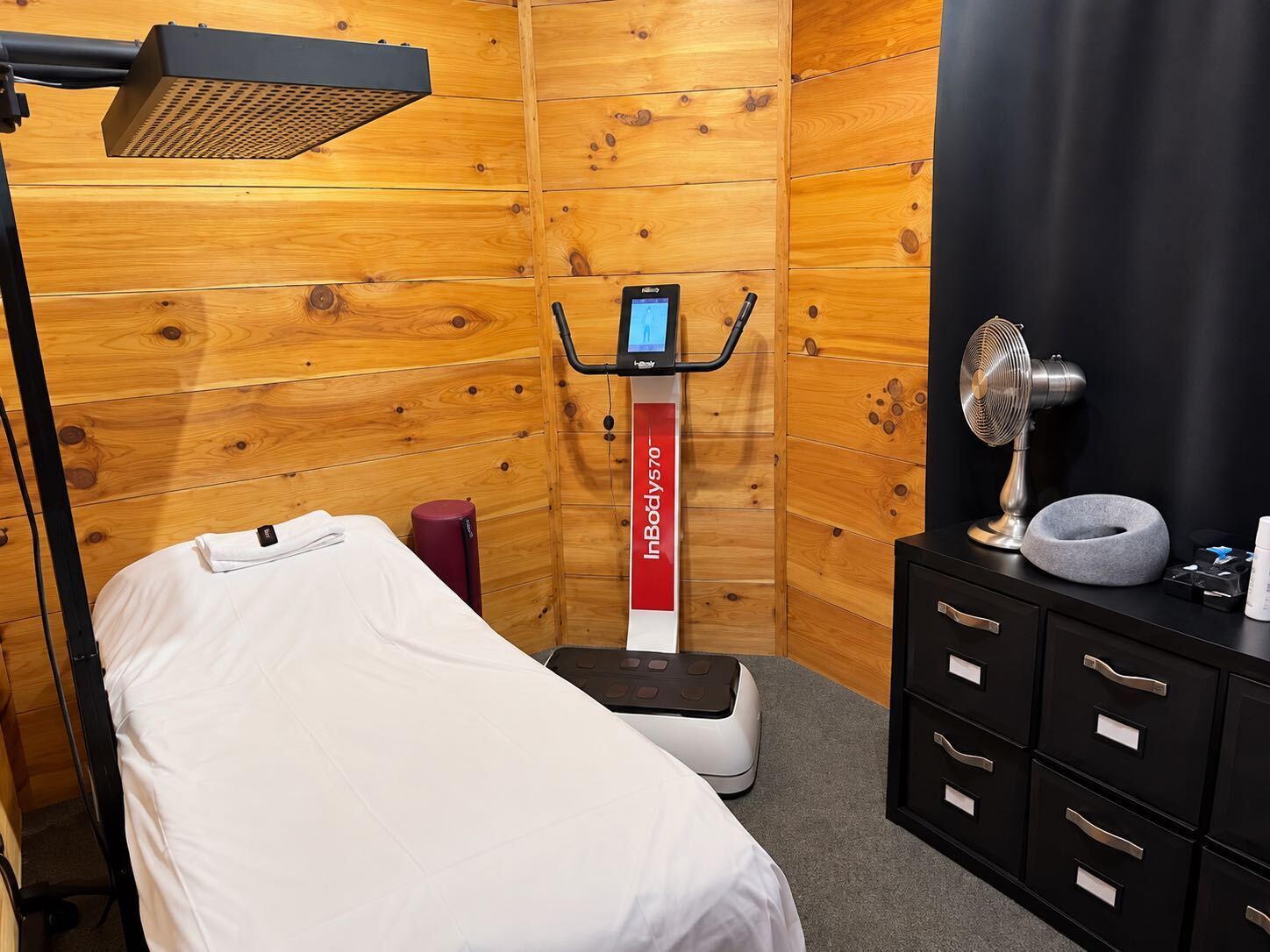 Treatment room at The Wellness Place with the red light therapy panel above the bed