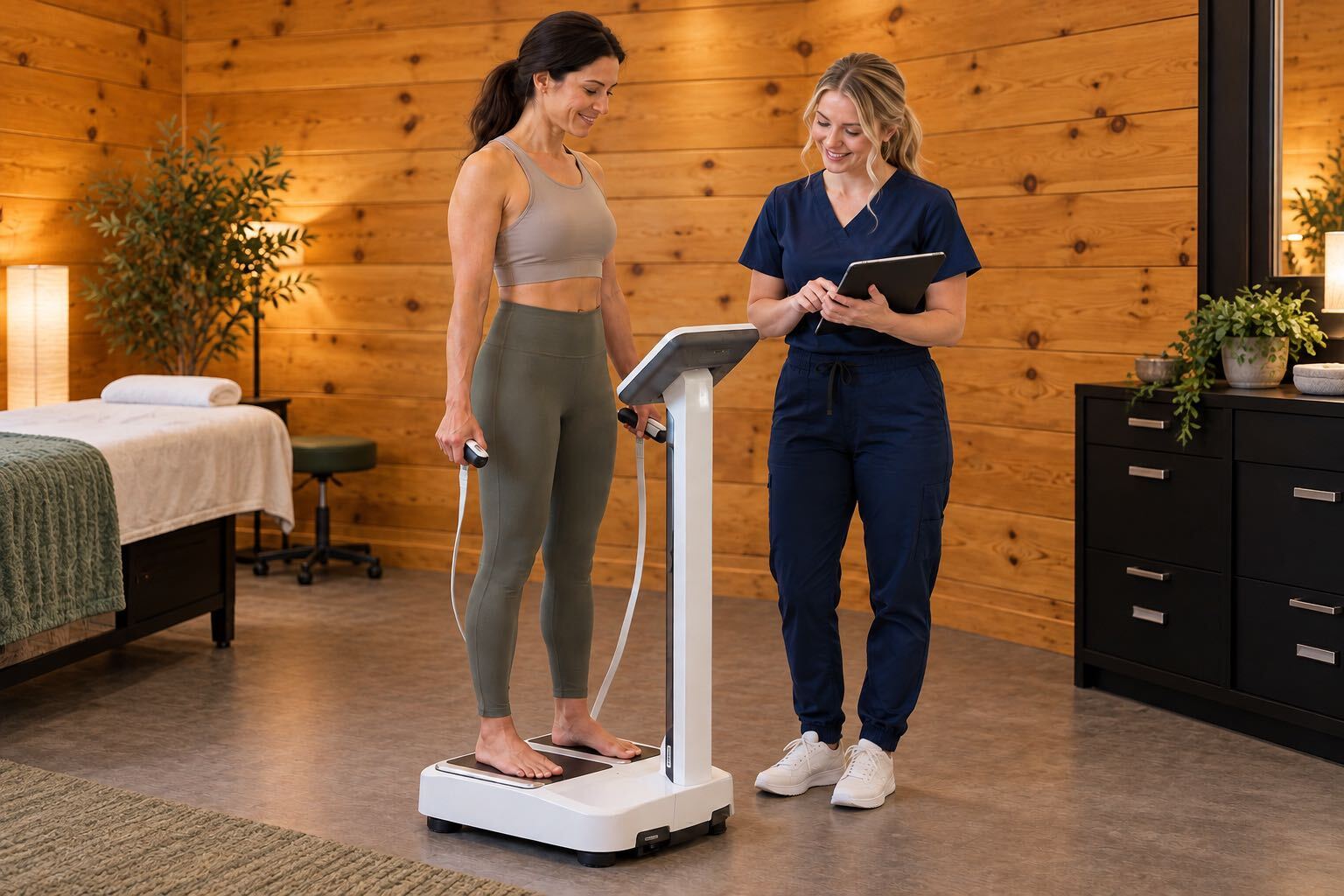 Client standing on a body composition scanner while a team member reviews her results